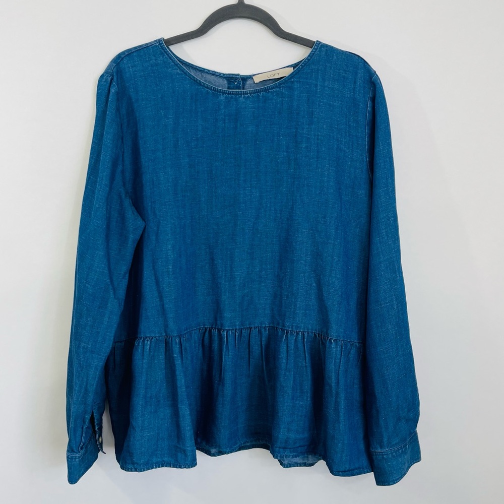 Loft Chabray Womens Shirt Size XL Blue Long Sleeved Linen Blend Buttons Up Back